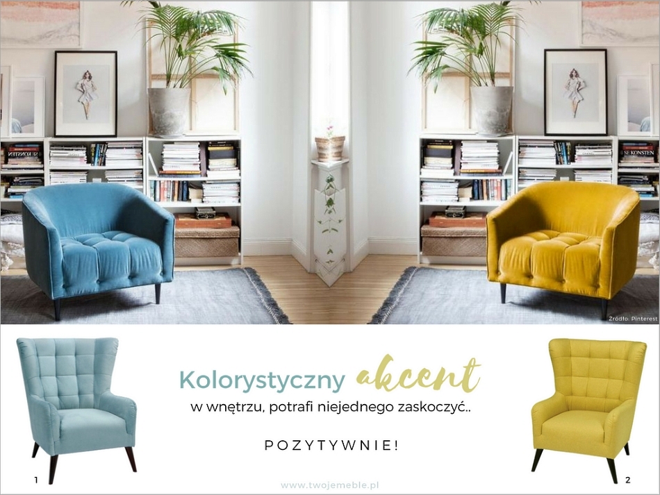 kolory we wnętrzach, wniesienie kolorystycznego akcentu do wnętrza, kolorowy fotel, żółty fotel, miodowy fotel, niebieski fotel, błękitny fotel, modne meble do domu, twojemeble pl