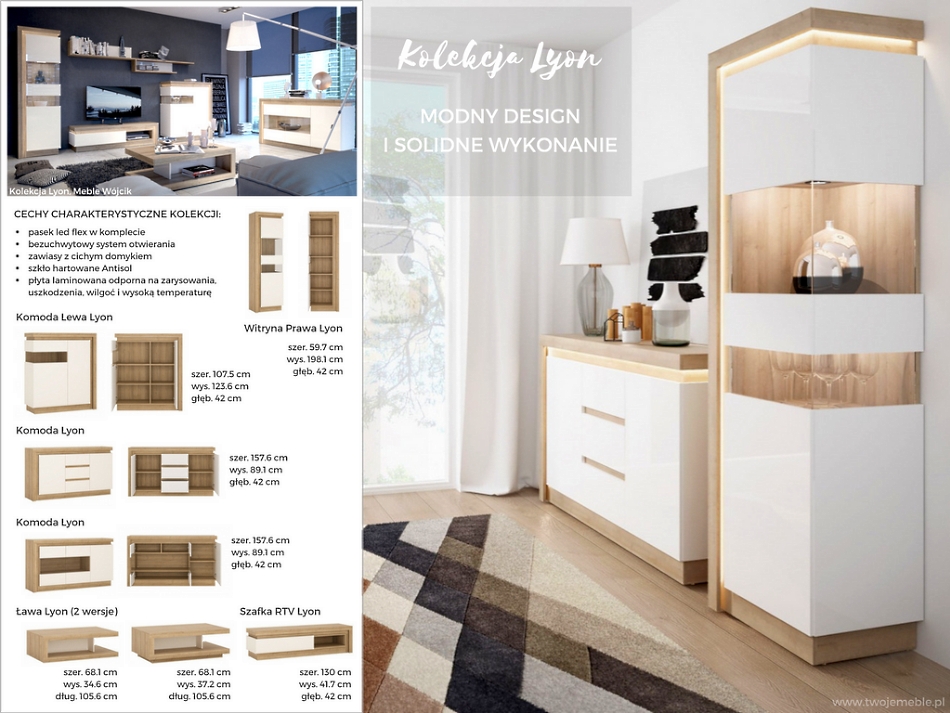 solidne meble do salonu, stylowe meble do salonu, białe meble z drewnianymi wstawkami, kolekcja mebli lyon, meble wójcik, twojemeble pl bogata oferta mebli