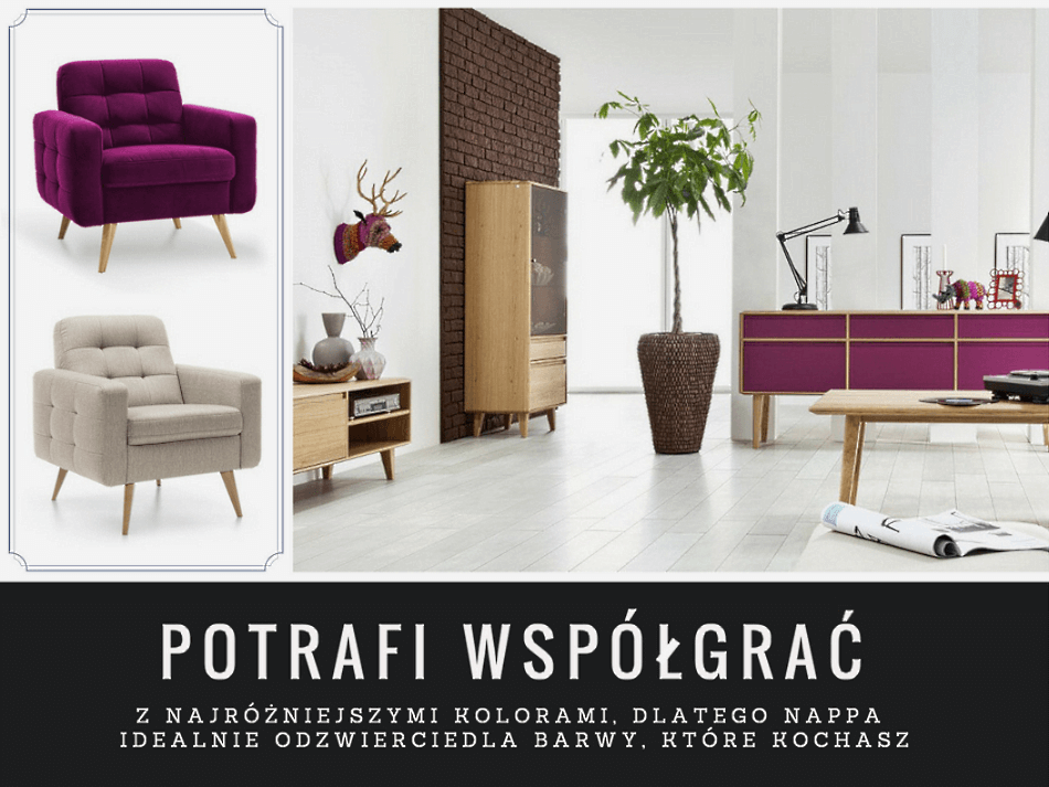 fotel nappa, sweet sit, twojemeble, kolekcja mebli lovell, różowa komoda, stylowe meble do salonu i jadalni, wygodny fotel, różowy fotel, beżowy fotel